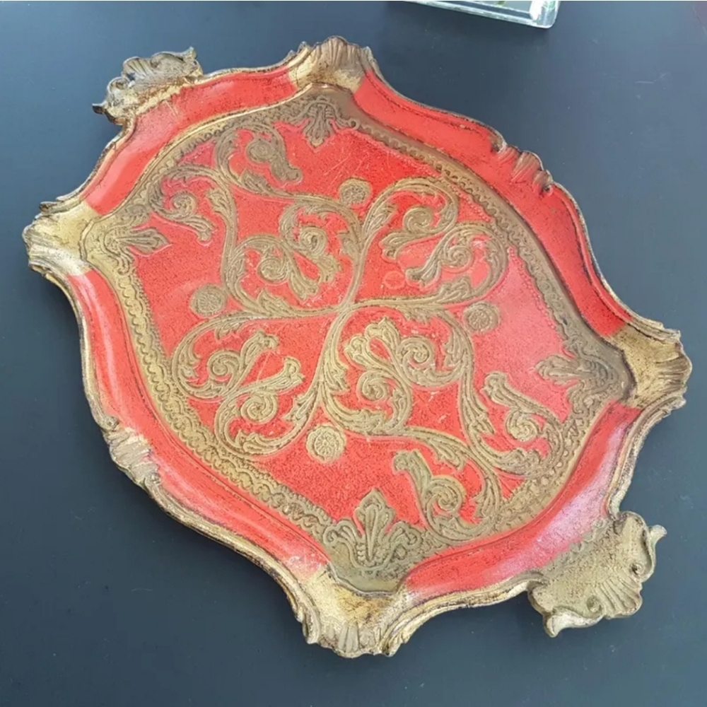 Decorative Italian Florentine Red & Gold Rectangle Serving Tray 16x11inch Italy